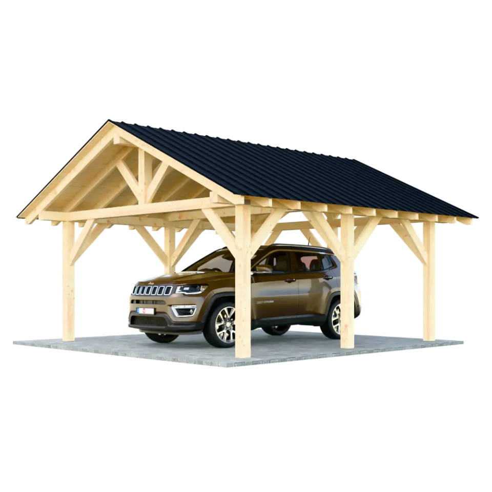 Projekt wiaty samochodowej drewnianej 5m x 5m (wjazd od strony szczytowej)