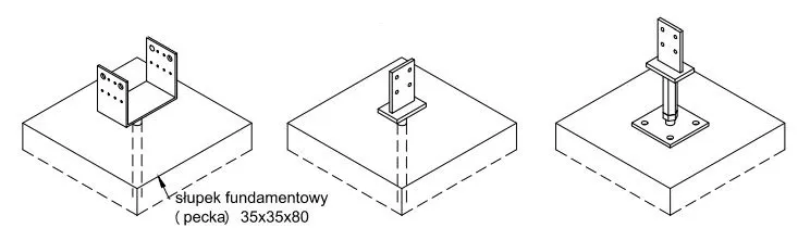 Przykłady różnych zakotwień w słupku fundamentowym; na rysunku słupek 35 x 35 x 80 cm.